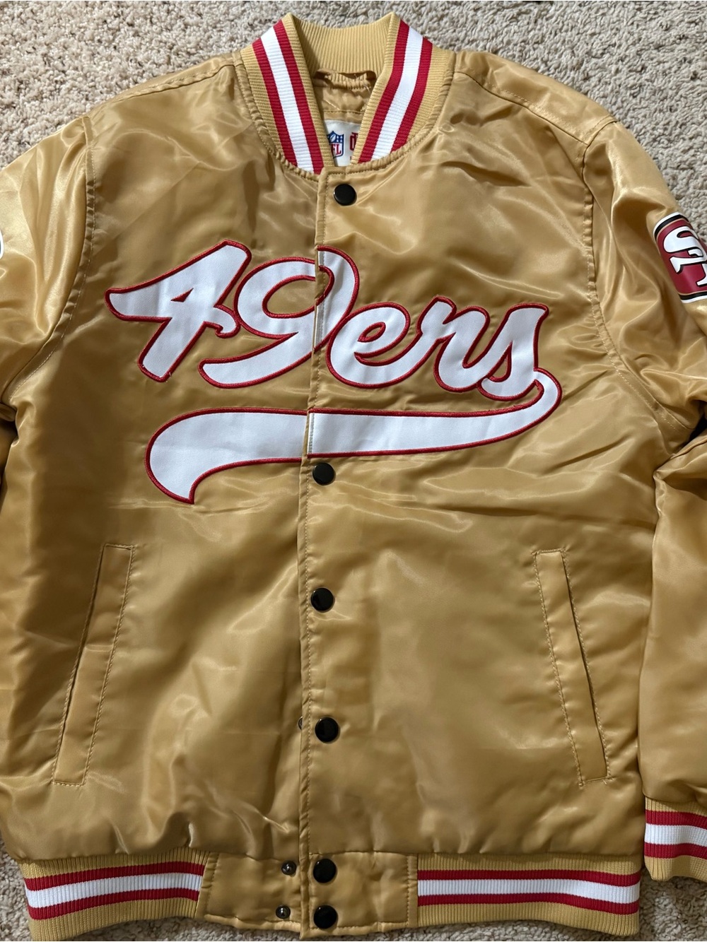 Aeropostale Gold Satin 49ers Bomber Jacket with Red & White Trim
